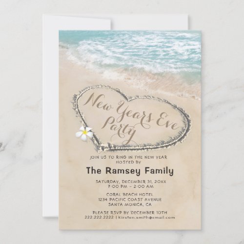 Tropical Themed New Years Eve Party Invitation - Tropical beach themed new years eve party invitation featuring the blue ocean shoreline, a heart carved in the sand, and a new year celebration template that is easy to personalize.