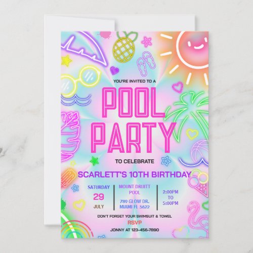 Tropical tie dye birthday pool party invitation