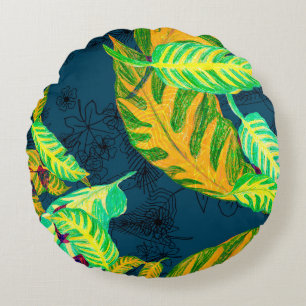 Tropical Tie Dye Blue Gouache. Tropical Pattern. G Round Pillow