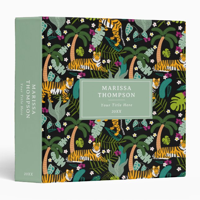 Tropical Tiger Black Botanical Jungle Safari 3 Ring Binder (Front/Spine)