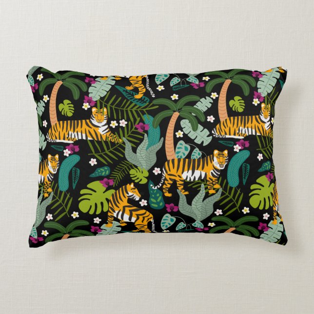 Tropical Tiger Black Botanical Jungle Safari Cats Accent Pillow (Front)