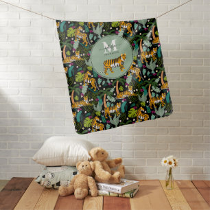 Tropical Tiger Black Botanical Jungle Safari Cats Baby Blanket