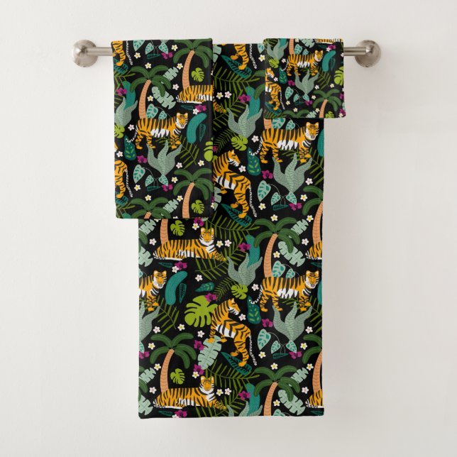 Tropical Tiger Black Botanical Jungle Safari Cats Bath Towel Set (Insitu)