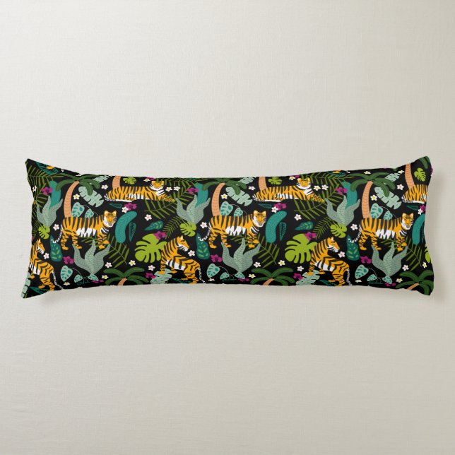Tropical Tiger Black Botanical Jungle Safari Cats Body Pillow (Front)