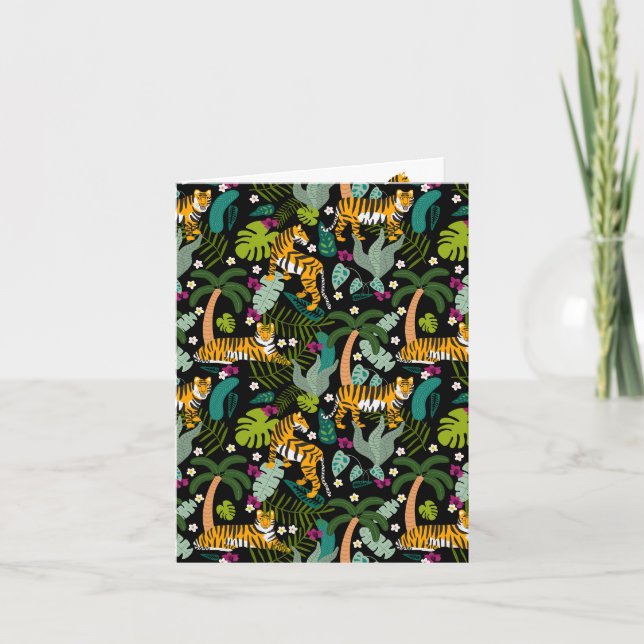 Tropical Tiger Black Botanical Jungle Safari Cats Card (Front)