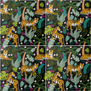 Tropical Tiger Black Botanical Jungle Safari Cats Ceramic Tile