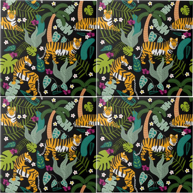 Tropical Tiger Black Botanical Jungle Safari Cats Ceramic Tile (Tropical Tiger Black Botanical Jungle Safari Cats Ceramic Tile)