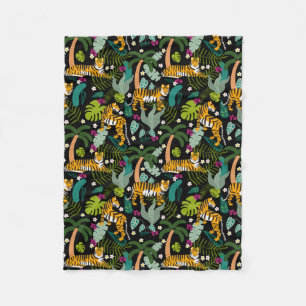 Tropical Tiger Black Botanical Jungle Safari Cats Fleece Blanket