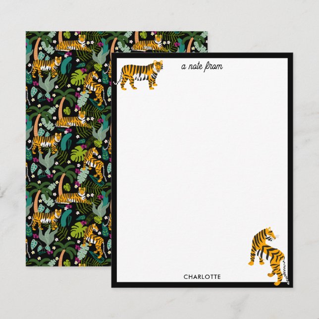 Tropical Tiger Black Botanical Jungle Safari Cats Note Card (Front/Back)