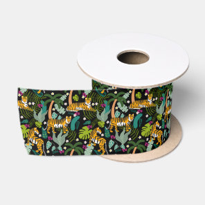 Tropical Tiger Black Botanical Jungle Safari Cats Satin Ribbon