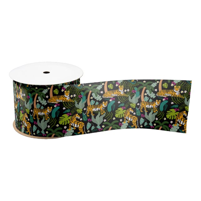 Tropical Tiger Black Botanical Jungle Safari Cats Satin Ribbon (Spool)