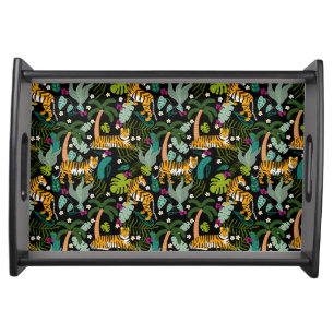 Tropical Tiger Black Botanical Jungle Safari Cats Serving Tray