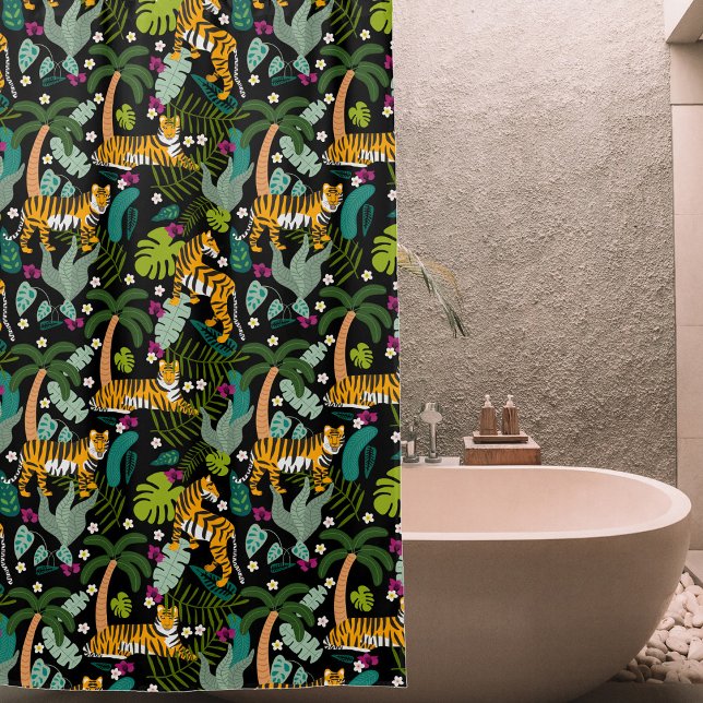 Tropical Tiger Black Botanical Jungle Safari Cats Shower Curtain (Tropical Tiger Black Botanical Jungle Safari Cats Shower Curtain)