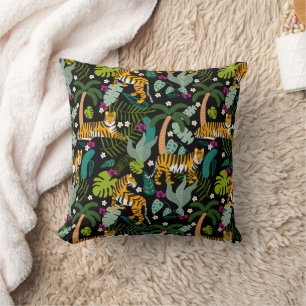 Tropical Tiger Black Botanical Jungle Safari Cats Throw Pillow