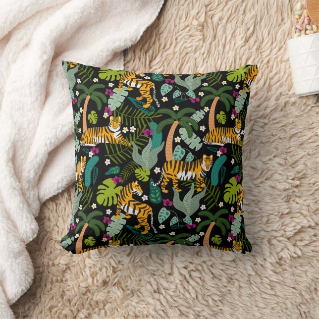 Tropical Tiger Black Botanical Jungle Safari Cats Throw Pillow (Blanket)