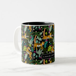 Tropical Tiger Black Botanical Jungle Safari Cats  Two-Tone Coffee Mug