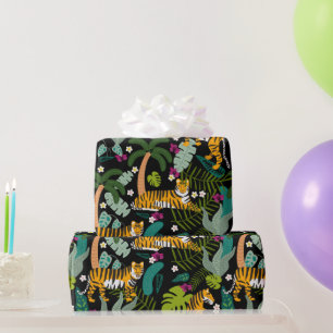 Tropical Tiger Black Botanical Jungle Safari Cats Wrapping Paper