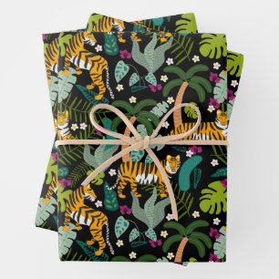 Tropical Tiger Black Botanical Jungle Safari Cats Wrapping Paper Sheets