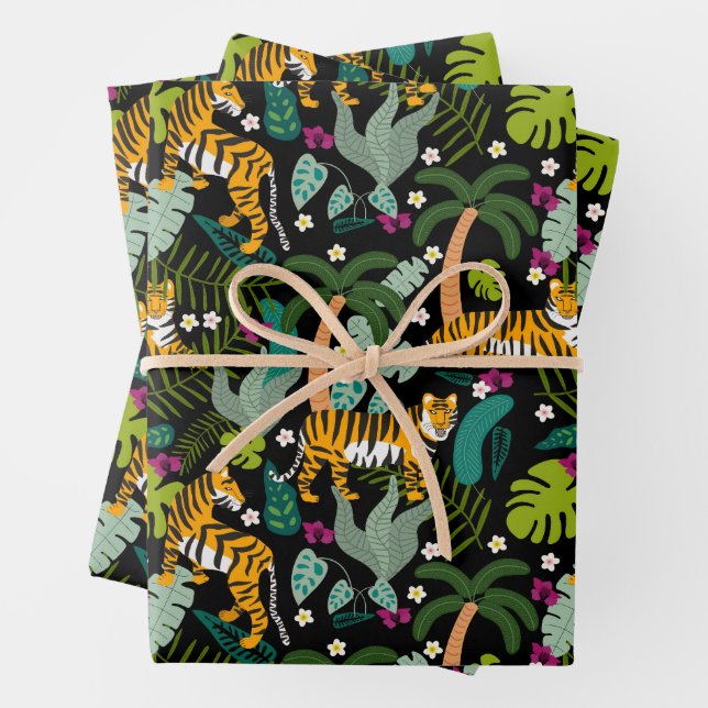 Tropical Tiger Black Botanical Jungle Safari Cats Wrapping Paper Sheets (In situ)