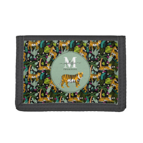 Tropical Tiger Black Botanical Jungle Safari Kids Tri-fold Wallet