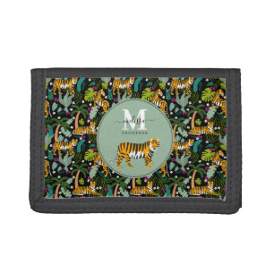 Tropical Tiger Black Botanical Jungle Safari Kids Tri-fold Wallet