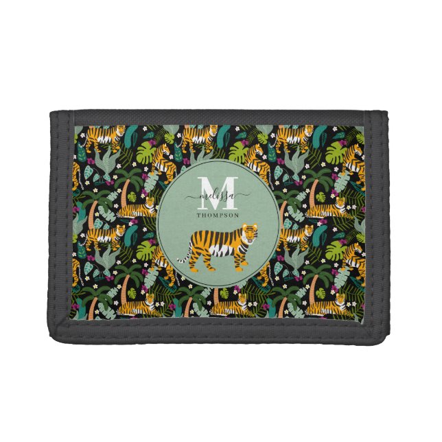 Tropical Tiger Black Botanical Jungle Safari Kids Trifold Wallet (Front)