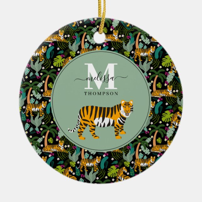 Tropical Tiger Black Botanical Jungle Safari Name Ceramic Ornament (Front)