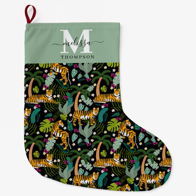 Tropical Tiger Black Botanical Jungle Safari Name Large Christmas Stocking (Front)