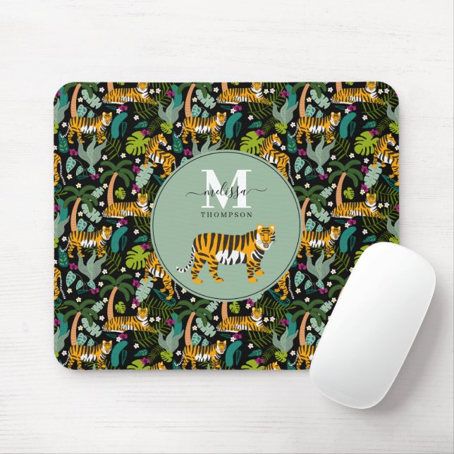 Tropical Tiger Black Botanical Jungle Safari Name Mouse Pad (With Mouse)