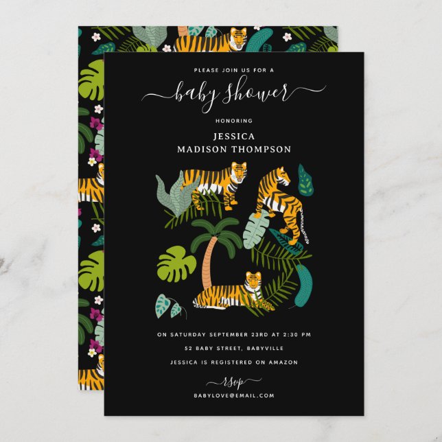 Tropical Tiger Black Jungle Safari Baby Shower Invitation (Front/Back)