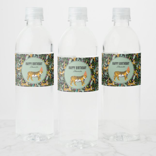 Tropical Tiger Botanical Jungle Safari Birthday Water Bottle Label (Bottles)