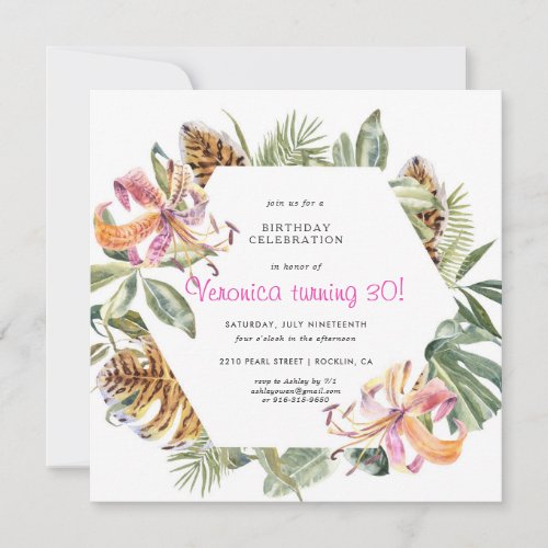 Tropical Tiger Floral Birthday Party Invitation