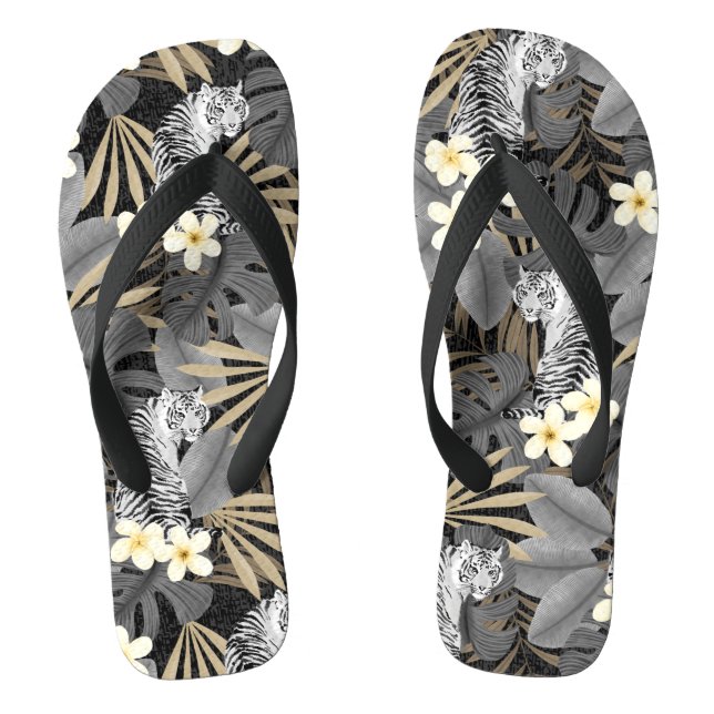 Tropical Tiger Hawaiian Palm Jungle Gray Flip Flops (Footbed)