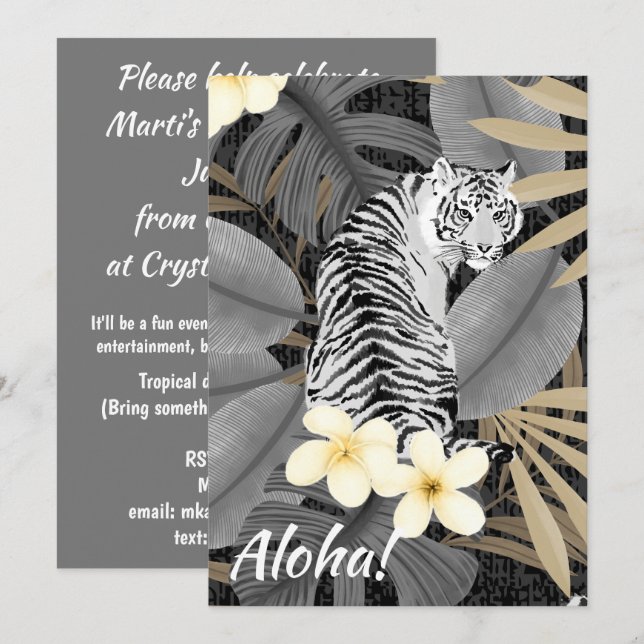 Tropical Tiger Hawaiian Palm Jungle Gray Invitation (Front/Back)