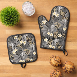 Tropical Tiger Hawaiian Palm Jungle Gray Oven Mitt & Pot Holder Set