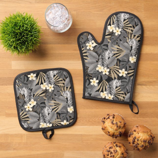Tropical Tiger Hawaiian Palm Jungle Gray Oven Mitt & Pot Holder Set (Top Down)