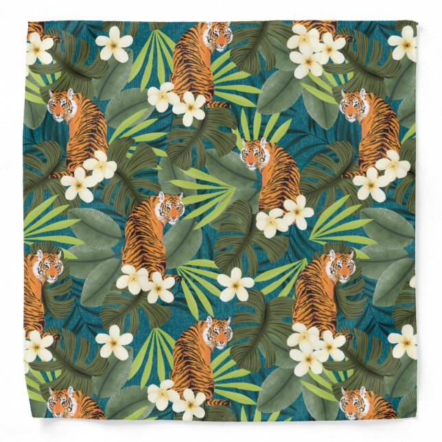 Tropical Tiger Hawaiian Palm Jungle Teal Bandana (Front)
