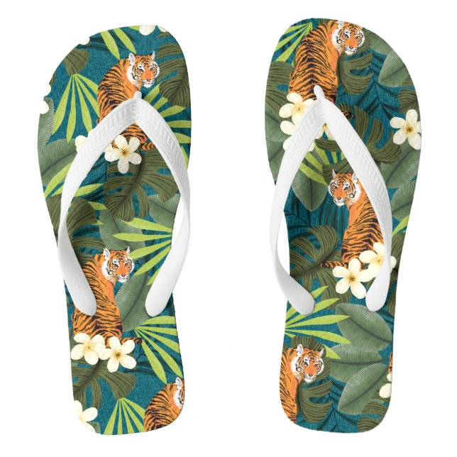 Tropical Tiger Hawaiian Palm Jungle Teal Flip Flops (Footbed)