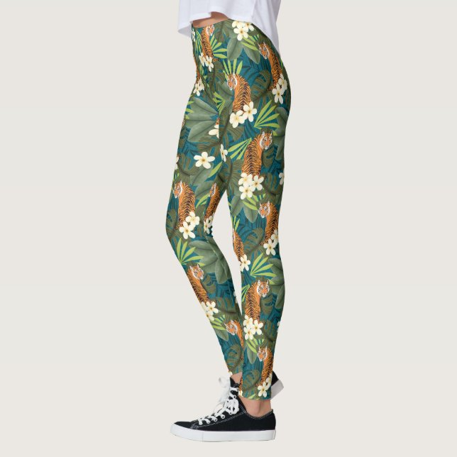 Tropical Tiger Hawaiian Palm Jungle Teal Leggings (Left)
