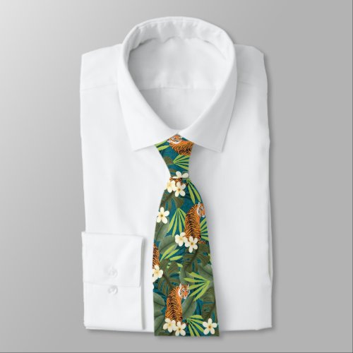 Tropical Tiger Hawaiian Palm Jungle Teal Neck Tie