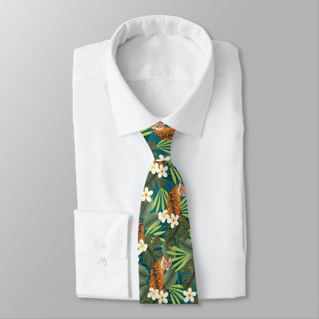 Tropical Tiger Hawaiian Palm Jungle Teal Neck Tie (Tied)