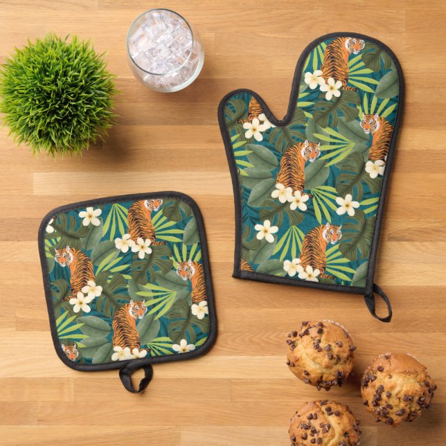 Tropical Tiger Hawaiian Palm Jungle Teal  Oven Mitt & Pot Holder Set (Top Down)