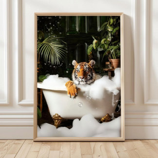 Tropical Tiger in Bathtub Print - Bathroom Wall Ar