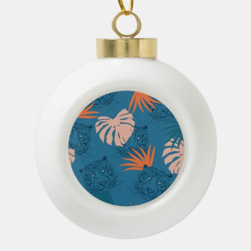 Tropical Tiger Leaves Deep Blue Ceramic Ball Christmas Ornament