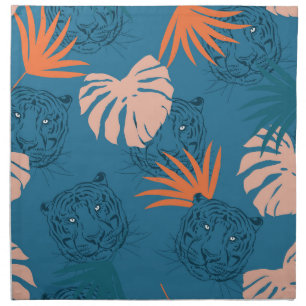 Tropical Tiger Leaves Deep Blue Cloth Napkin