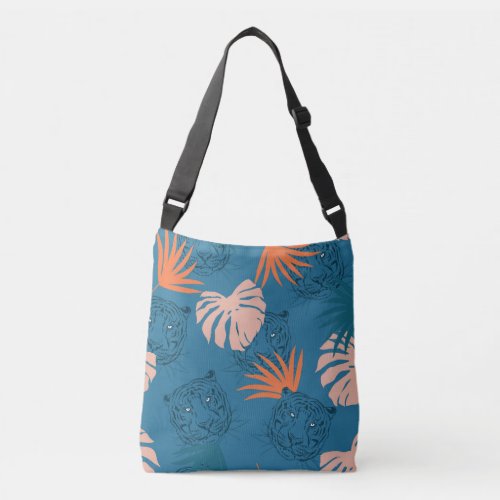 Tropical Tiger Leaves Deep Blue Crossbody Bag