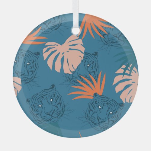 Tropical Tiger Leaves Deep Blue Glass Ornament