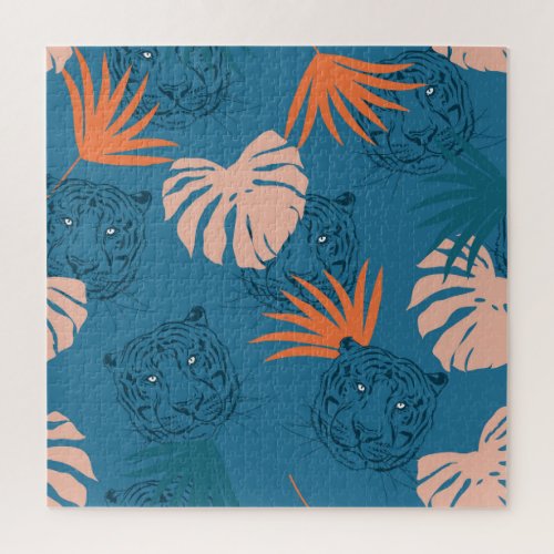 Tropical Tiger Leaves Deep Blue Jigsaw Puzzle