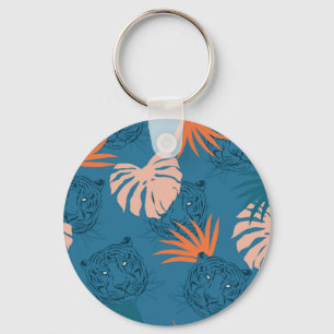 Tropical Tiger Leaves Deep Blue Keychain