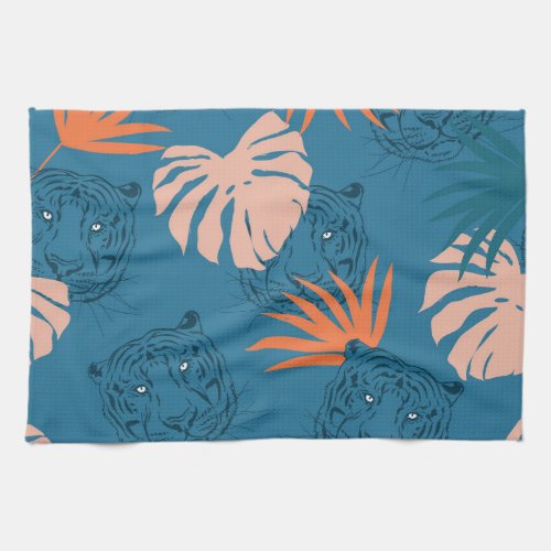 Tropical Tiger Leaves Deep Blue Kitchen Towel